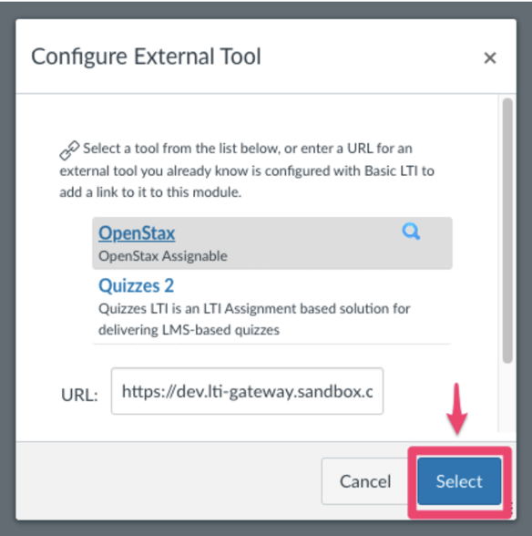 Select OpenStax on Configure External Tool page